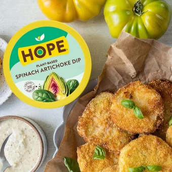 Air-Fryer Fried Green Tomatoes with HOPE Spinach Artichoke Cashew & Almond Dipping Sauce