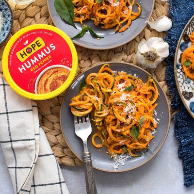 Creamy Roasted Red Pepper Hummus Zucchini Noodles, 20min meal + Keto